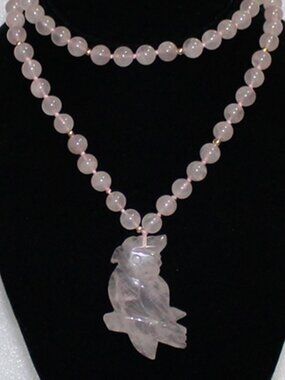 Pink Jade Beaded Necklace with Jade Bird Pendant